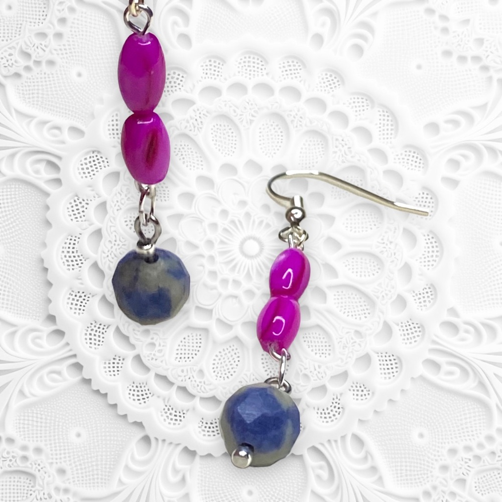 HAND CRAFTED Earrings Fuchsia Mother of Pearl & Sodalite Pink Dangles - Picture 3 of 7